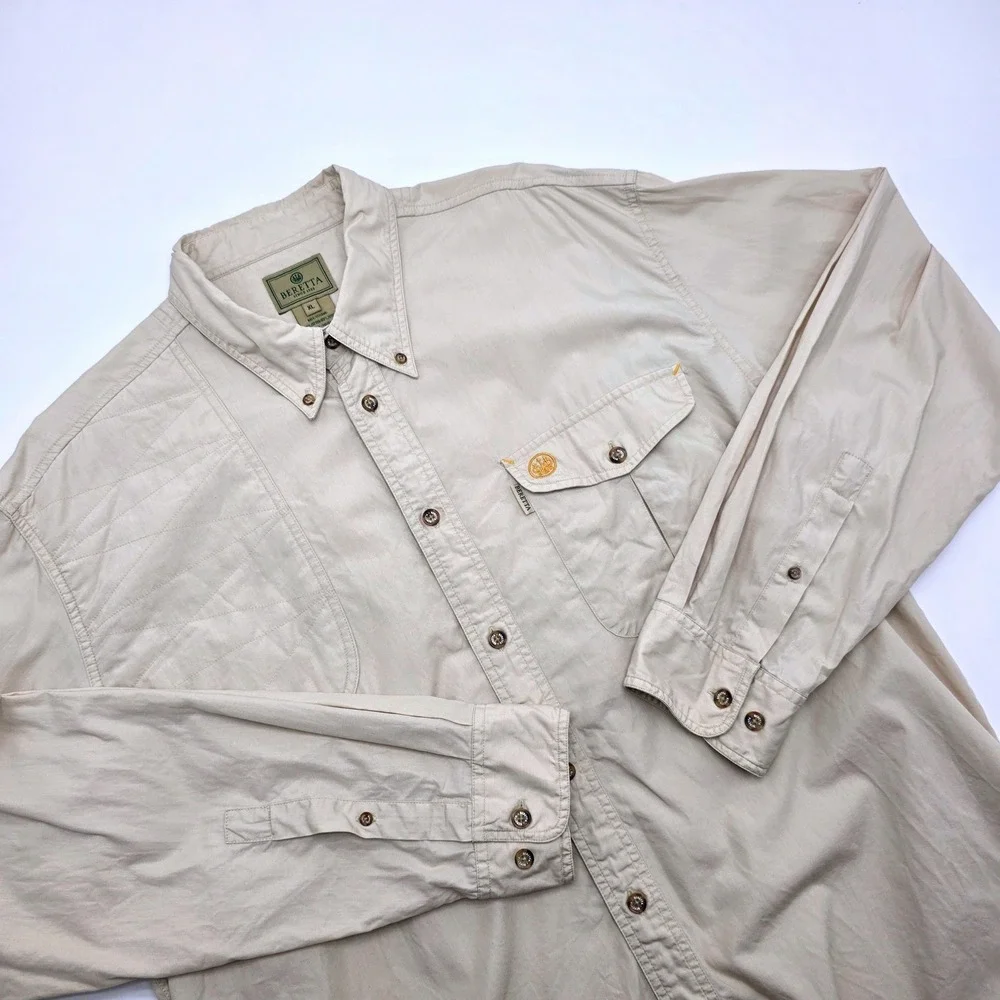 Beretta Mens XL Tan Cotton Long Sleeve Shooting Shirt‎ Quilted Shoulder Vented
